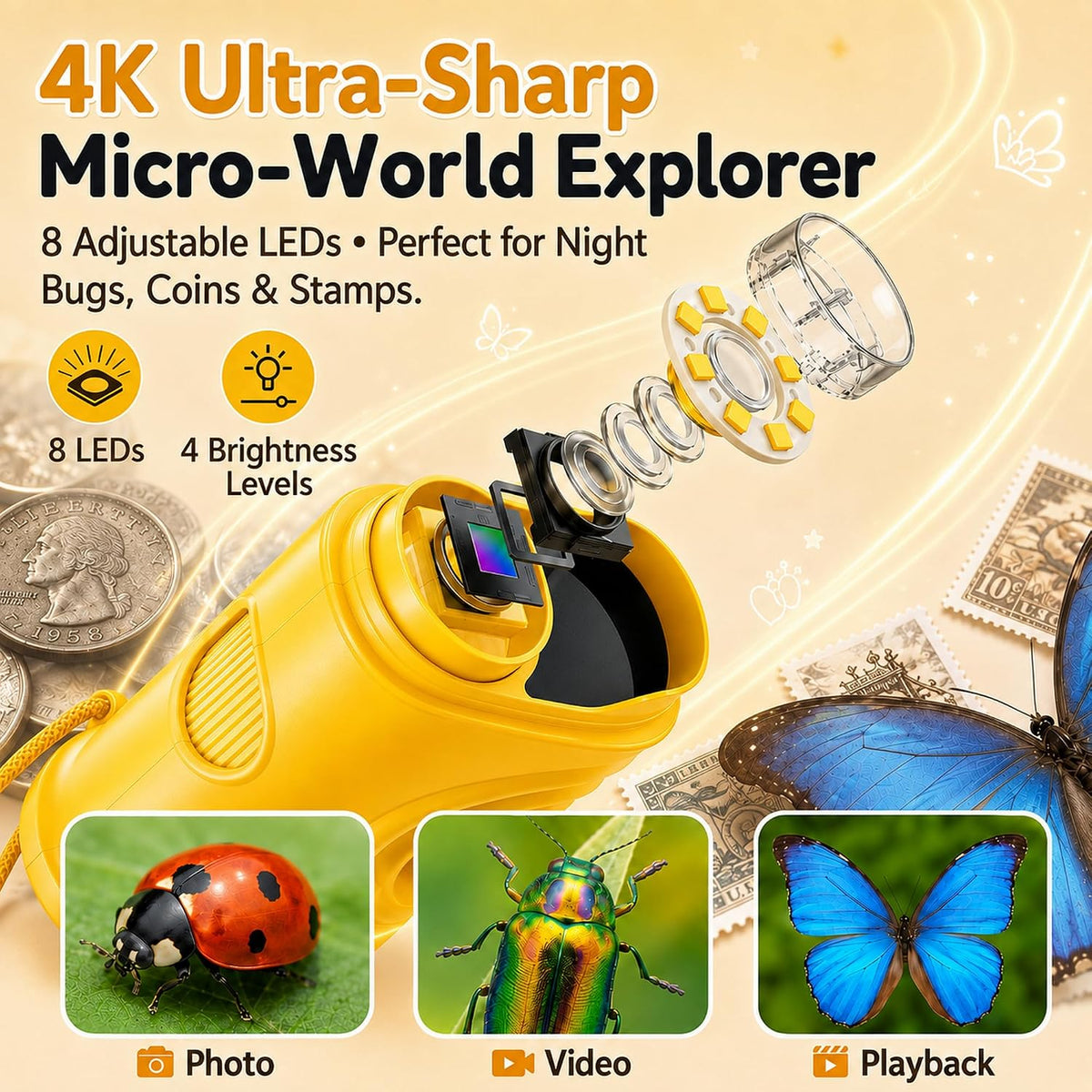 Kids Microscope, 4K 1000X Zoom, 2.4" Screen, STEM Toy para Ages 4-8