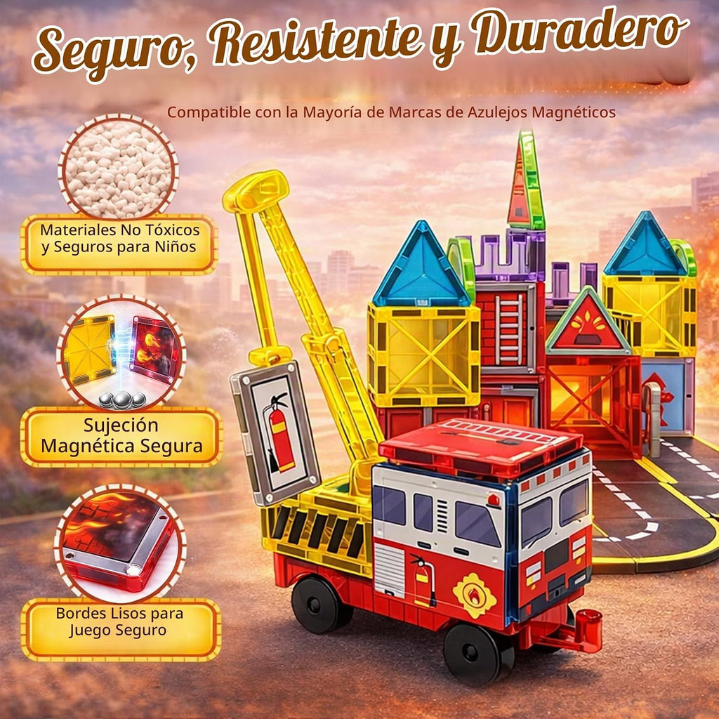 LATI Azulejos magnéticos de rescate de incendios para niños con camión de