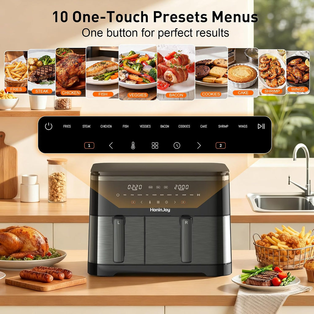 Freidora de aire grande de 12 cuartos con cesta doble (4 QT+8 QT), pantalla táctil digital 13 en 1 con 50 revestimientos de papel, sincronización y funciones duales, horneado, asado