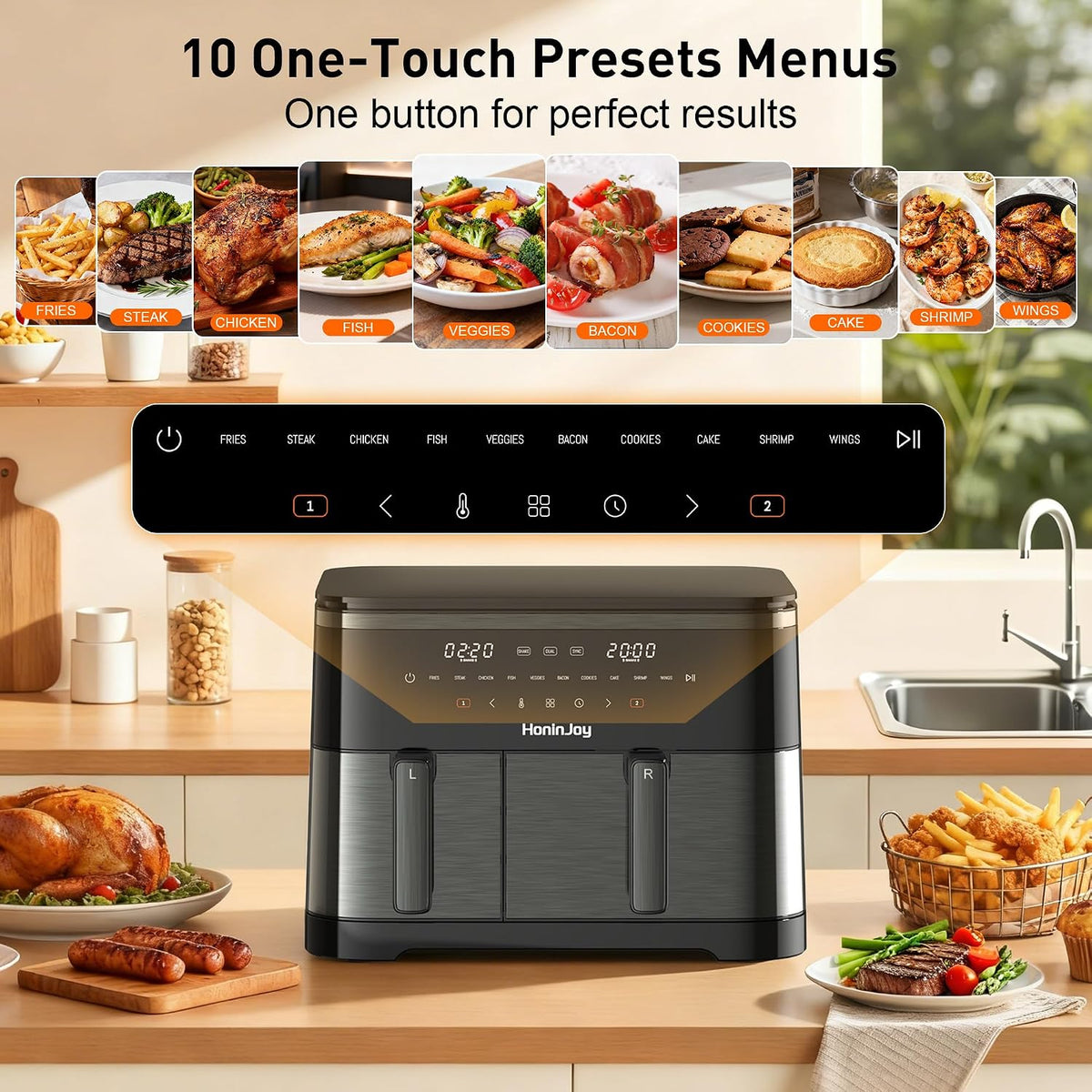 Freidora de aire grande de 12 cuartos con cesta doble (4 QT+8 QT), pantalla táctil digital 13 en 1 con 50 revestimientos de papel, sincronización y funciones duales, horneado, asado