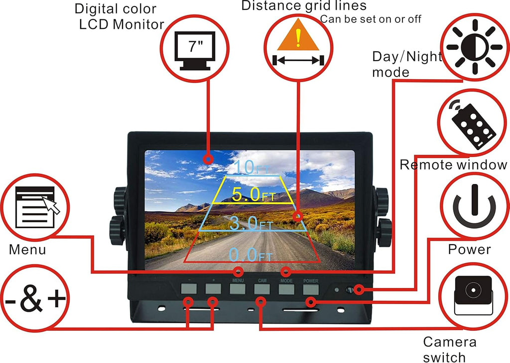 Lámpara 7 "1080P AHD Sistema de cámara de visión trasera inversa con cable, línea de guía, IP69K sin fugas de agua, visión nocturna, a prueba de vibraciones 10G para tractor/camión/excavadora/caravana/minicadora/equipo pesado
