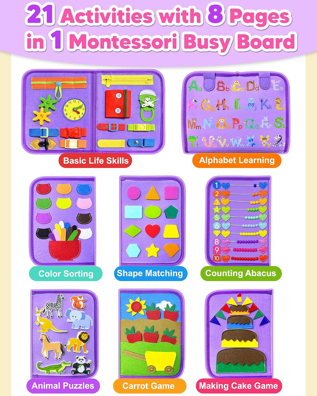 Tablero Ocupado Juguetes Montessori para Niños Pequeños Niño Niña Regalos de Cumpleaños, Libro Ocupado Juguetes de Aprendizaje Sensorial para Niños Pequeños, Juguete de Viaje para Avión y