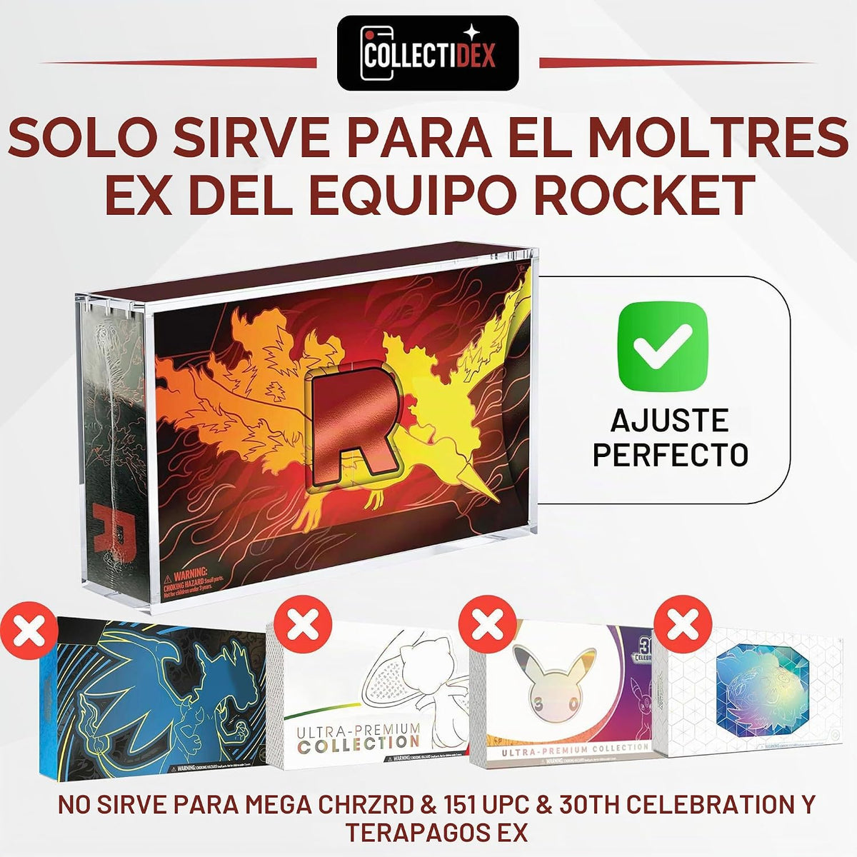 Vitrina acrílica para Team Rocket's Moltres ex Ultra-Premium Collection UPC con tapa magnética de 8 + 0.197 in, acrílico con imanes de 0.197 x 0.118 in, compatible con Moltres UPC (funda