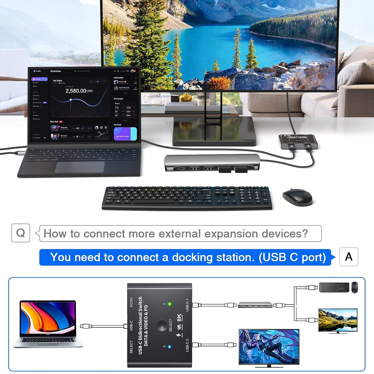 Interruptor USB C 2 en 1 Salida USB C Selector de conmutador para 2 computadoras portátiles comparte 1 dispositivo USB, transferencia de datos 4K @60Hz/10Gbps y carga PD de 100 W, control con cable y