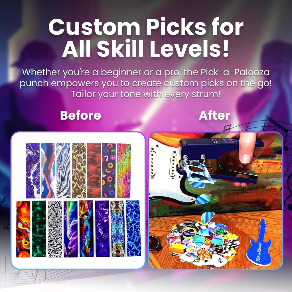 Gran kit de Pick-a-Palooza para hacer tus propias púas para guitarra, para regalo. Dispositivo prémium para fabricar púas. Cadena de cuero porta púas. 15 tiras para hacer púas, más una lima en forma de guitarra. Color azul, Azul/Plateado