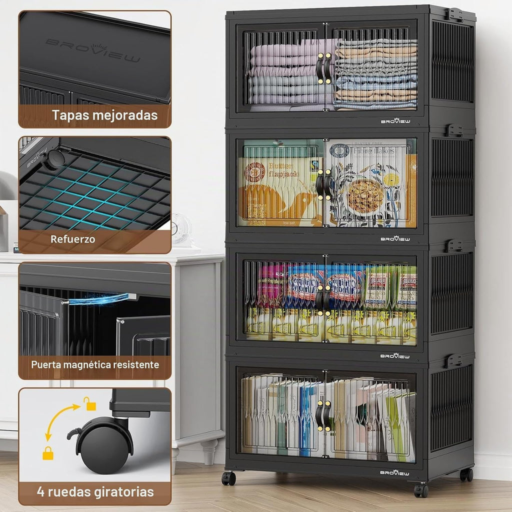 BROVIEW 600Qt Contenedores de Almacenamiento Apilables con 5 Tapas, Organizador Extra Grande para Armario Cajones Plegables con Ruedas, Contenedores de Plástico Plegables para Cocina y Hogar, Paquete de 5 Negro
