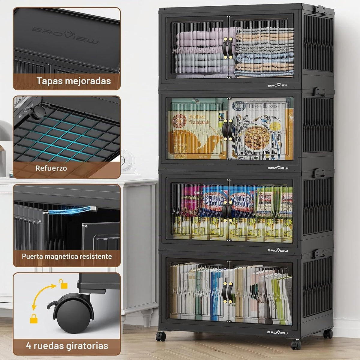 BROVIEW 600Qt Contenedores de Almacenamiento Apilables con 5 Tapas, Organizador Extra Grande para Armario Cajones Plegables con Ruedas, Contenedores de Plástico Plegables para Cocina y Hogar, Paquete de 5 Negro