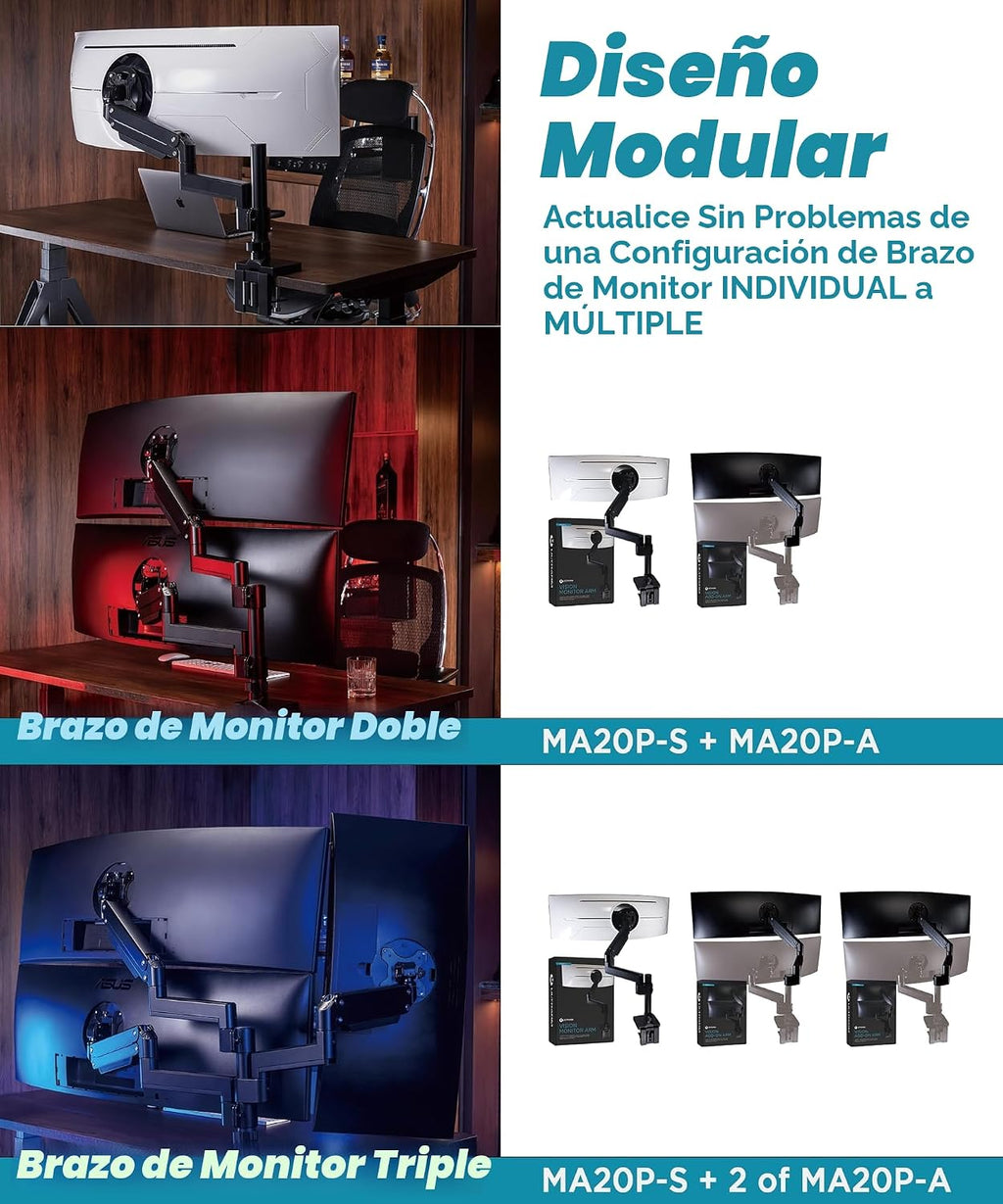 ULTRARM Brazo de monitor de servicio pesado para monitores ultraanchos de hasta 57" y 44 libras, soporte de escritorio individual, altura ajustable neumática, brazos de extensión modulares - VESA