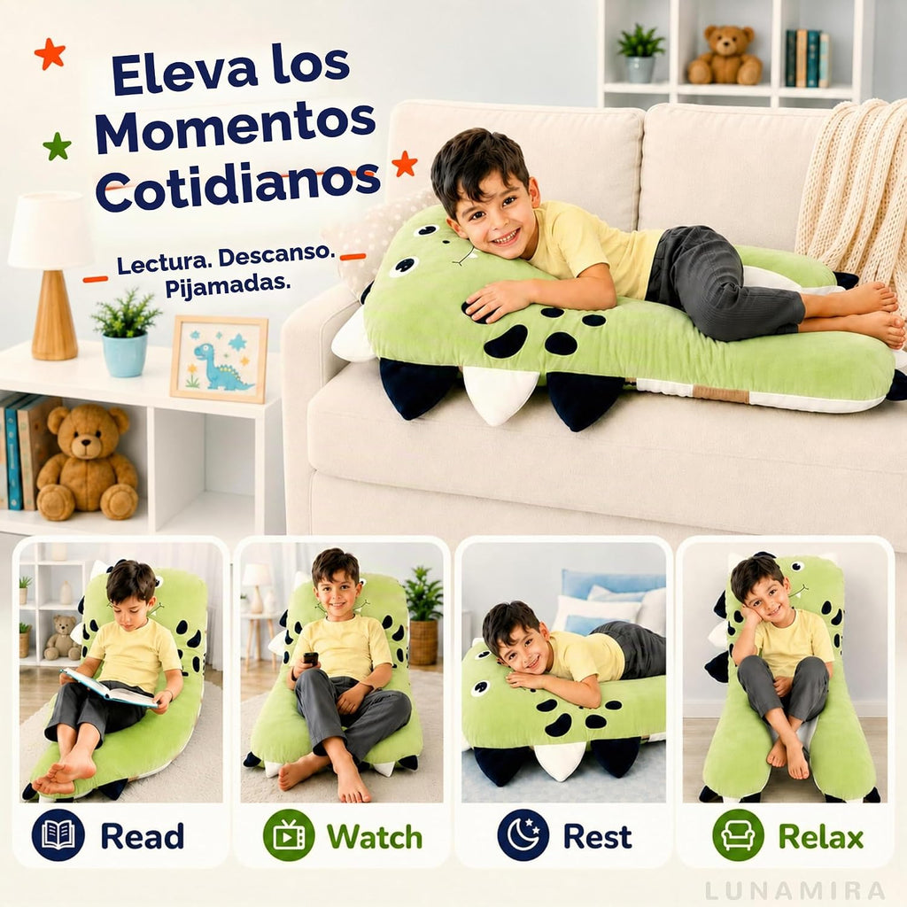 Almohada para cuerpo de niños con forma de dinosaurio - 119 cm en forma de U de felpa larga y suave para niños, para dormir, leer, comodidad para TDAH y necesidades especiales, ansiedad