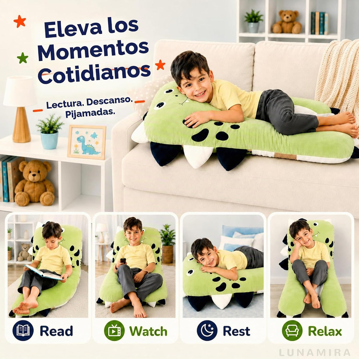 Almohada para cuerpo de niños con forma de dinosaurio - 119 cm en forma de U de felpa larga y suave para niños, para dormir, leer, comodidad para TDAH y necesidades especiales, ansiedad
