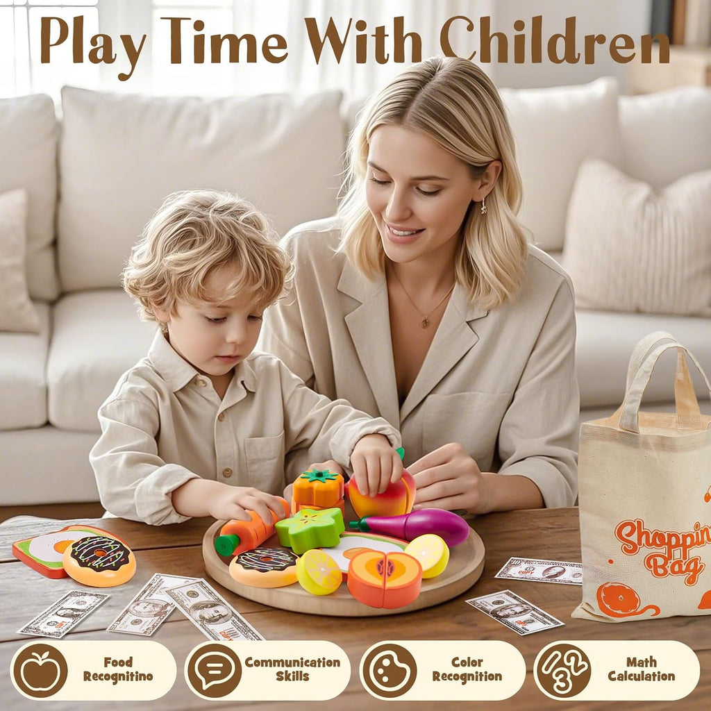 Toyssa Juego de 40 piezas de alimentos de madera con estante de tienda de comestibles y juguetes de corte, accesorios de cocina para niños pequeños, agricultores educativos, regalos de juego de rol para niñas y niños de 3 a 7 años