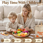 Toyssa Juego de 40 piezas de alimentos de madera con estante de tienda de comestibles y juguetes de corte, accesorios de cocina para niños pequeños, agricultores educativos, regalos de juego de rol para niñas y niños de 3 a 7 años