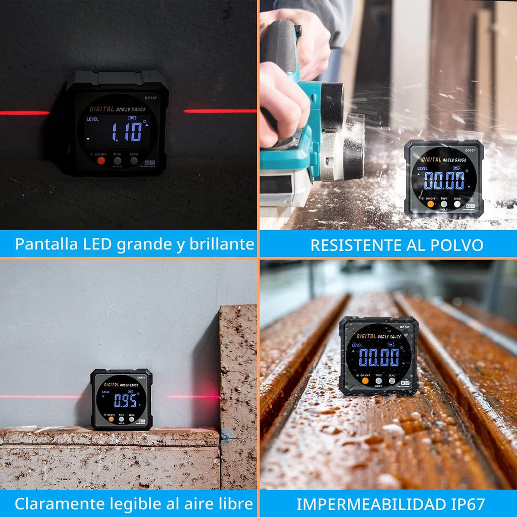 Buscador de ángulo digital con láser electrónico – Calibre de ángulo magnético fuerte de 4 lados, inclinómetro de cubo con luz de fondo, transportador de inglete de sierra de mesa, herramienta de