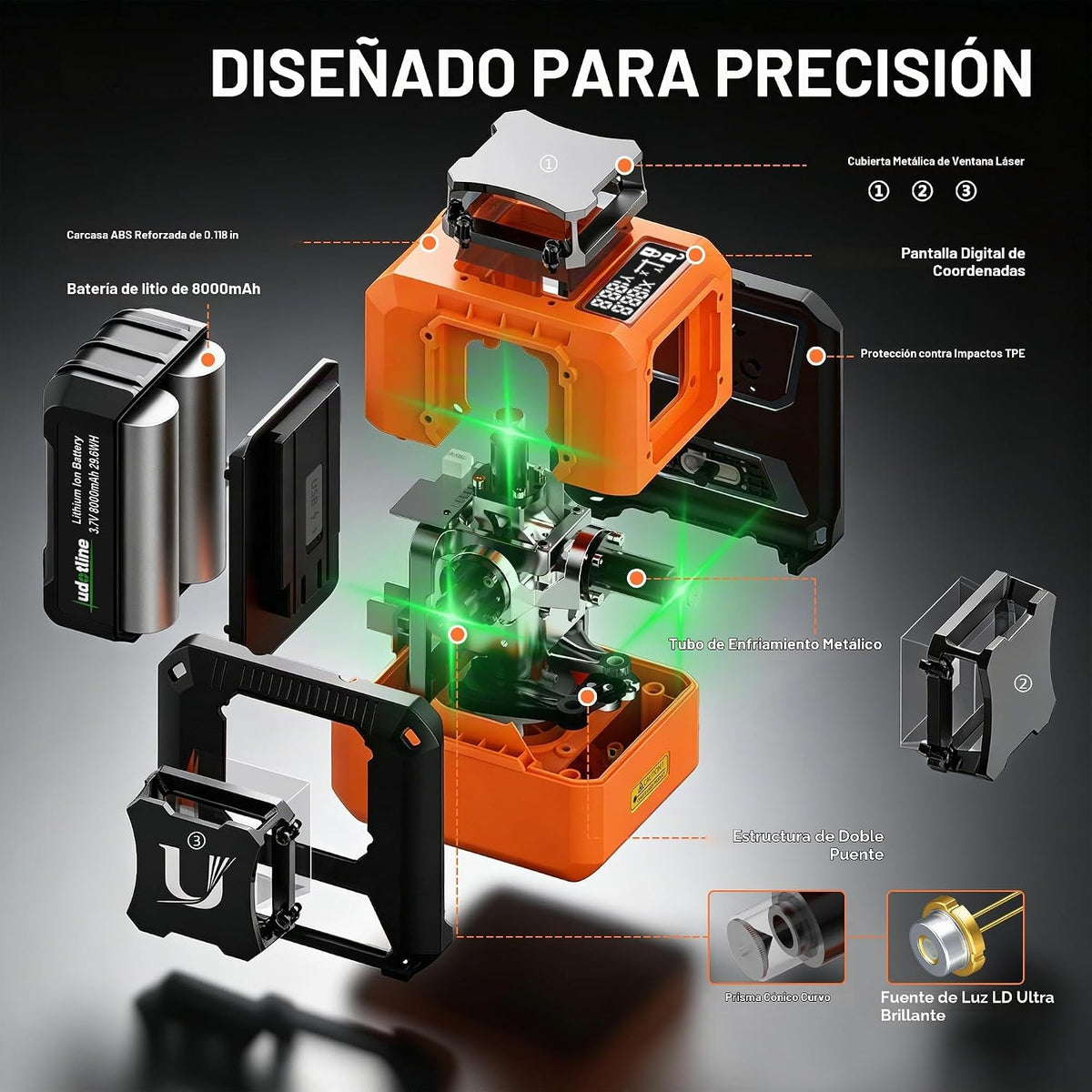 3x360° Nivel Láser Verde Autonivelante con Pantalla Digital