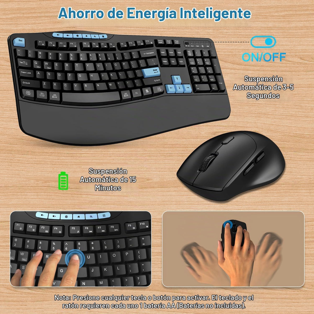 Combo de teclado y mouse inalámbricos, teclado ergonómico con 6 tec...