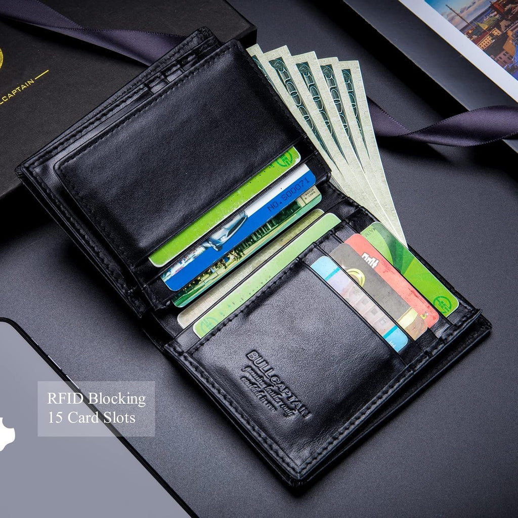 BULLCAPTAIN Cartera de cuero genuino plegable de gran capacidad para hombres con 15 ranuras para tarjetas QB-027