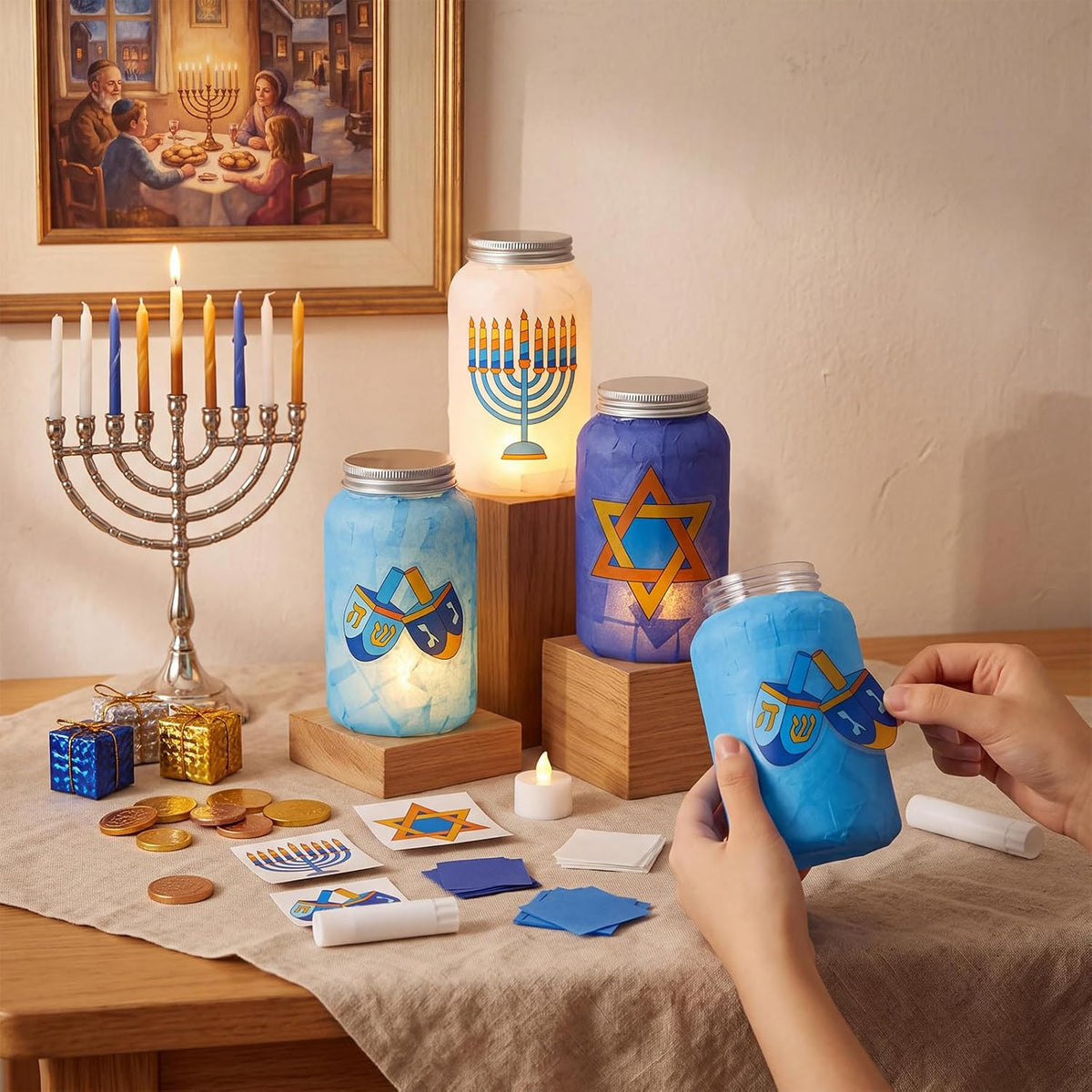 Qinyoung 12 Set Hanukkah Craft Mason Jar Craft con LED Candle Chanukah Set