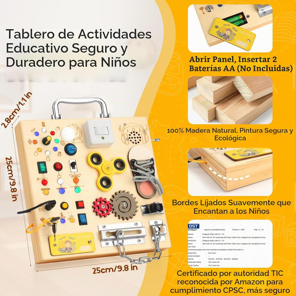 Montessori - Tablero de actividades sensoriales y luces LED para niños pequeños, tablero de madera con cajas de música y cerraduras y 17 luces LED, juguete educativo de viaje, regalo de cumpleaños