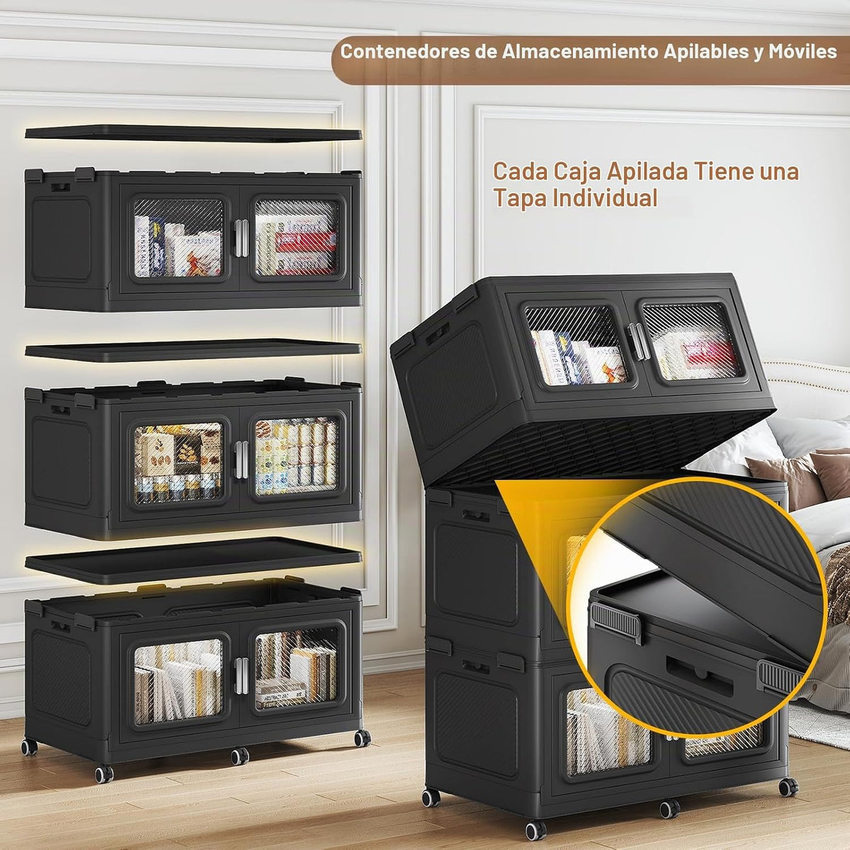 BROVIEW Contenedores apilables de almacenamiento con tapas de 900 cuartos