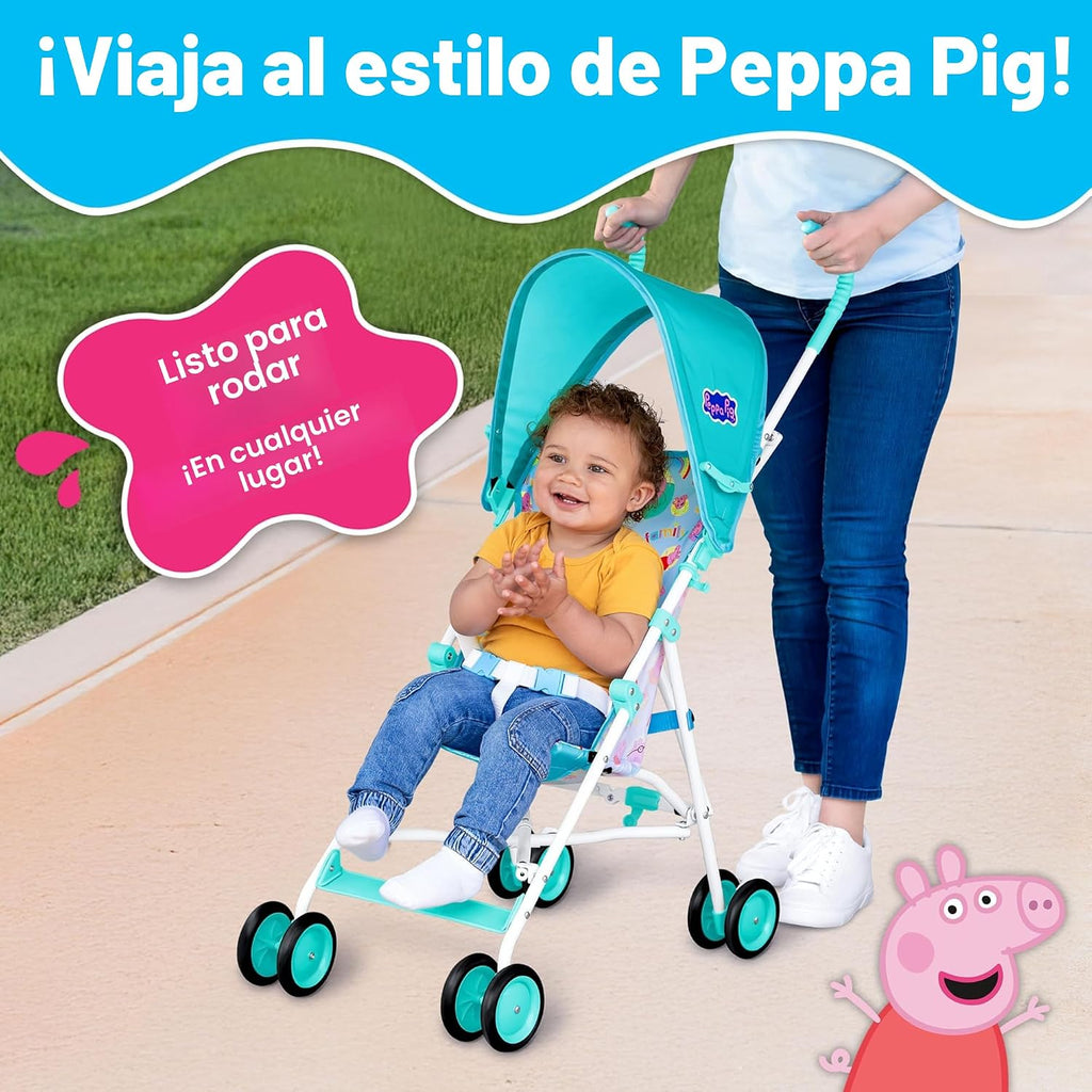Peppa Pig Cochecito paraguas para niños pequeños, cochecito de viaje plegable ligero con arnés de 3 puntos, ruedas de bloqueo, toldo ajustable, compacto y portátil