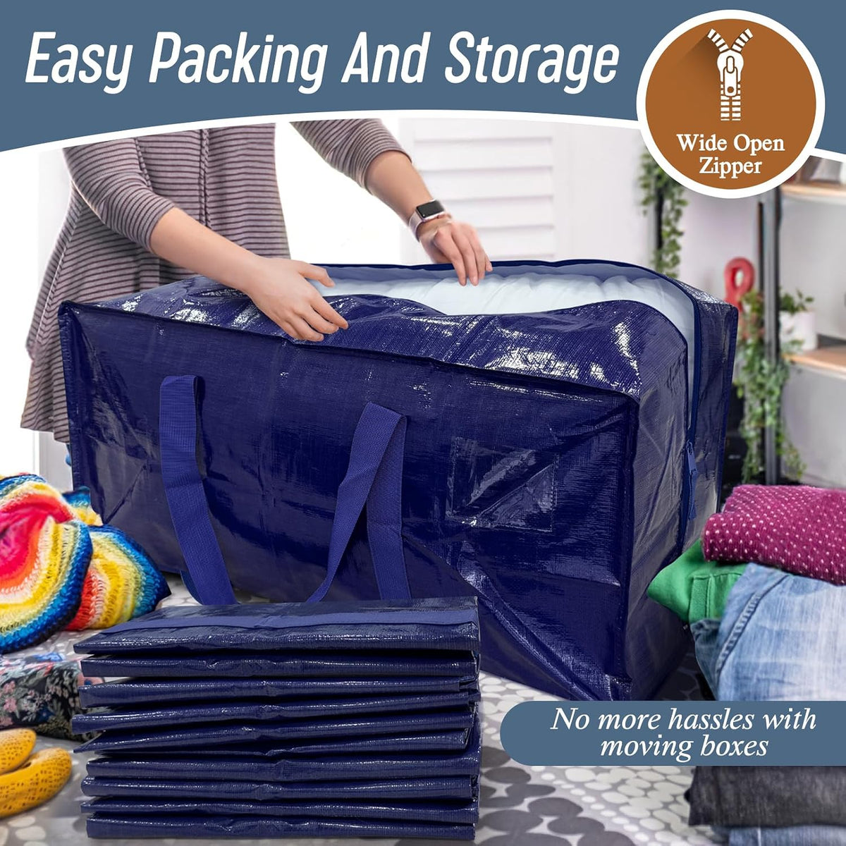 Paquete de 6 bolsas de mudanza grandes extra resistentes con cremallera fuerte y asas cómodas, bolsas de almacenamiento de ropa resistentes y duraderas, cajas de mudanza azules para suministros