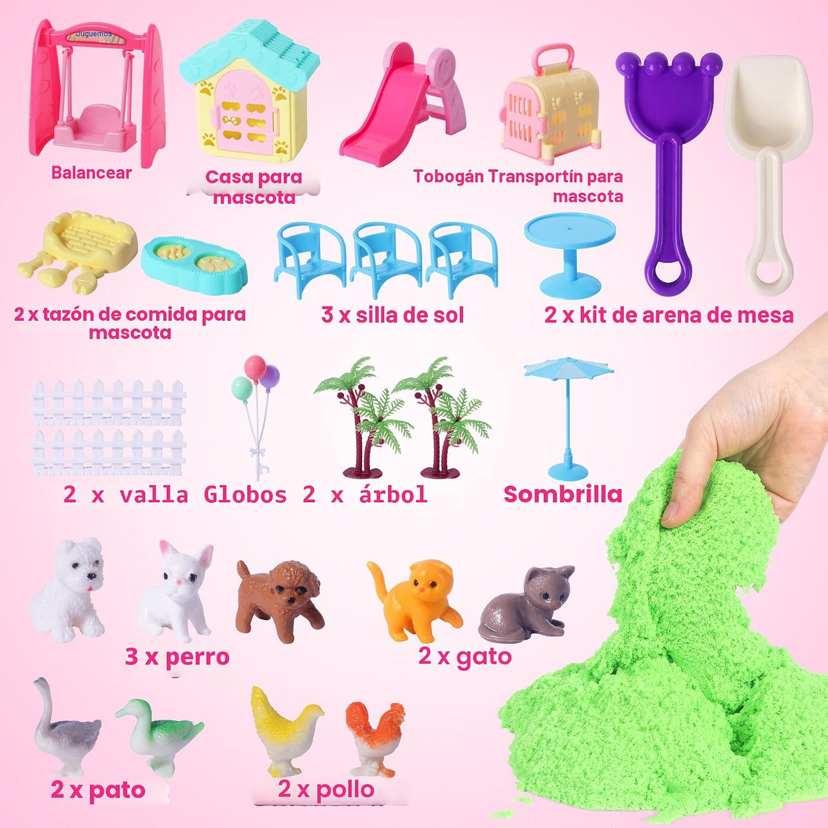 Billeeit Pet Sensory Bin Sand Toy w/2.2lbs Green Moldable Sand