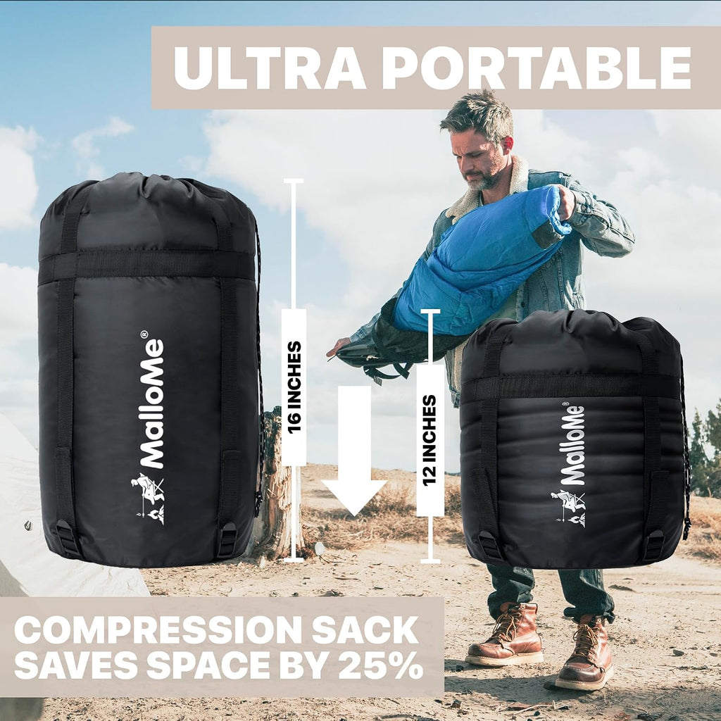 MalloMe Sacos de dormir para adultos para clima frío y cálido, saco de dormir para mochileros para niños de 10 a 12 años, niñas, niños, ligeros, compactos, artículos esenciales para acampar