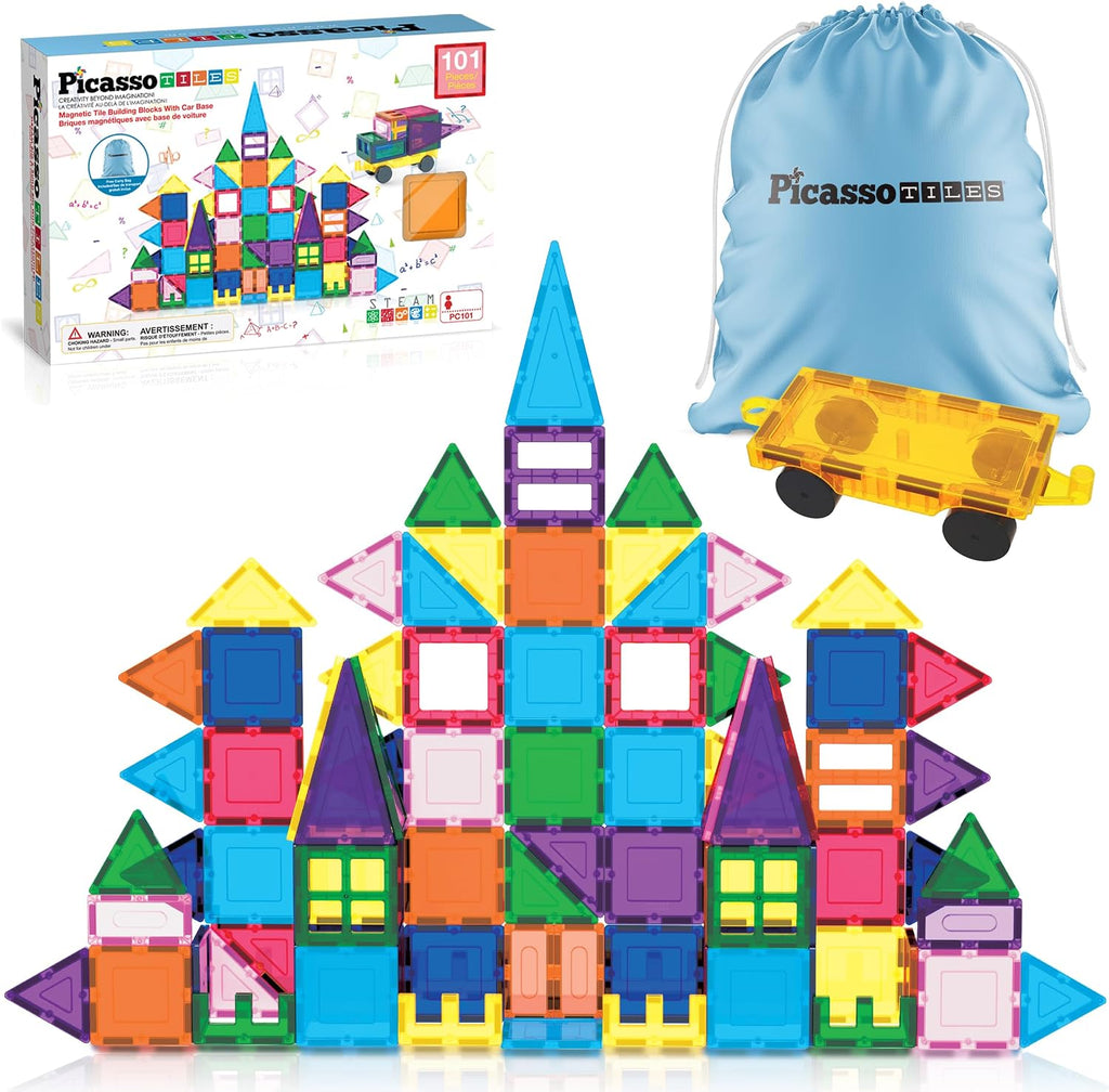 PicassoTiles 101 Piece Magnetic Tiles Building Set con Car & Bag Ages 3+