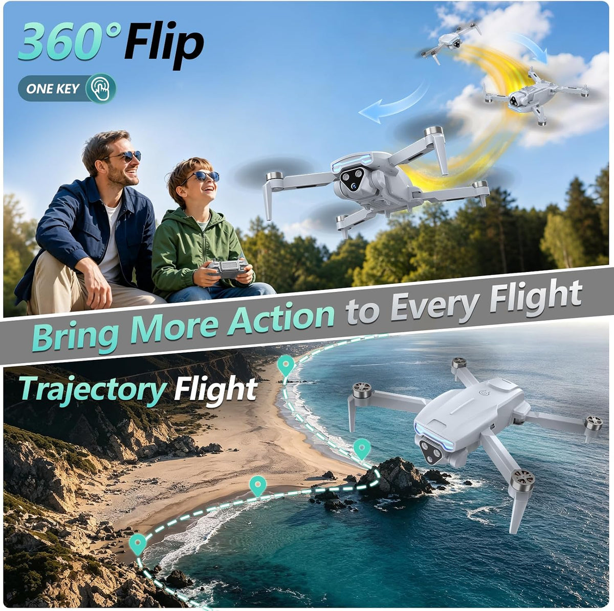 Dron 2K con cámara, controlador de pantalla, motor sin escobillas, dron FPV para niños, principiantes y adultos, giro de 360°, despegue/aterrizaje con una tecla, 2 baterías, fácil de volar, regalo