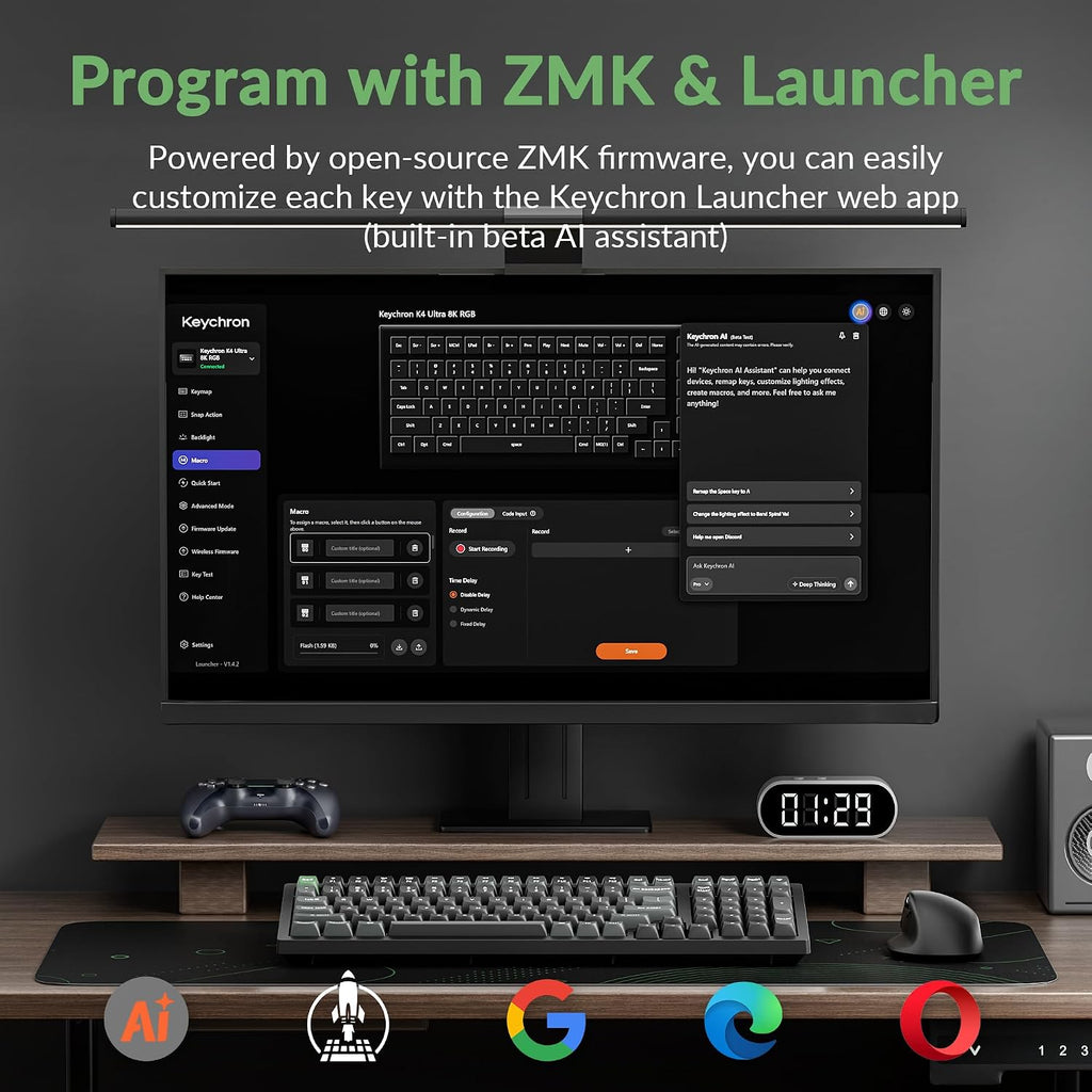 Keychron Teclado mecánico inalámbrico K4 Ultra 8K 96% con teclado numérico, 2.4 GHz/Bluetooth/cableado, 600 horas de duración de la batería ZMK Launcher, RGB intercambiable en caliente con
