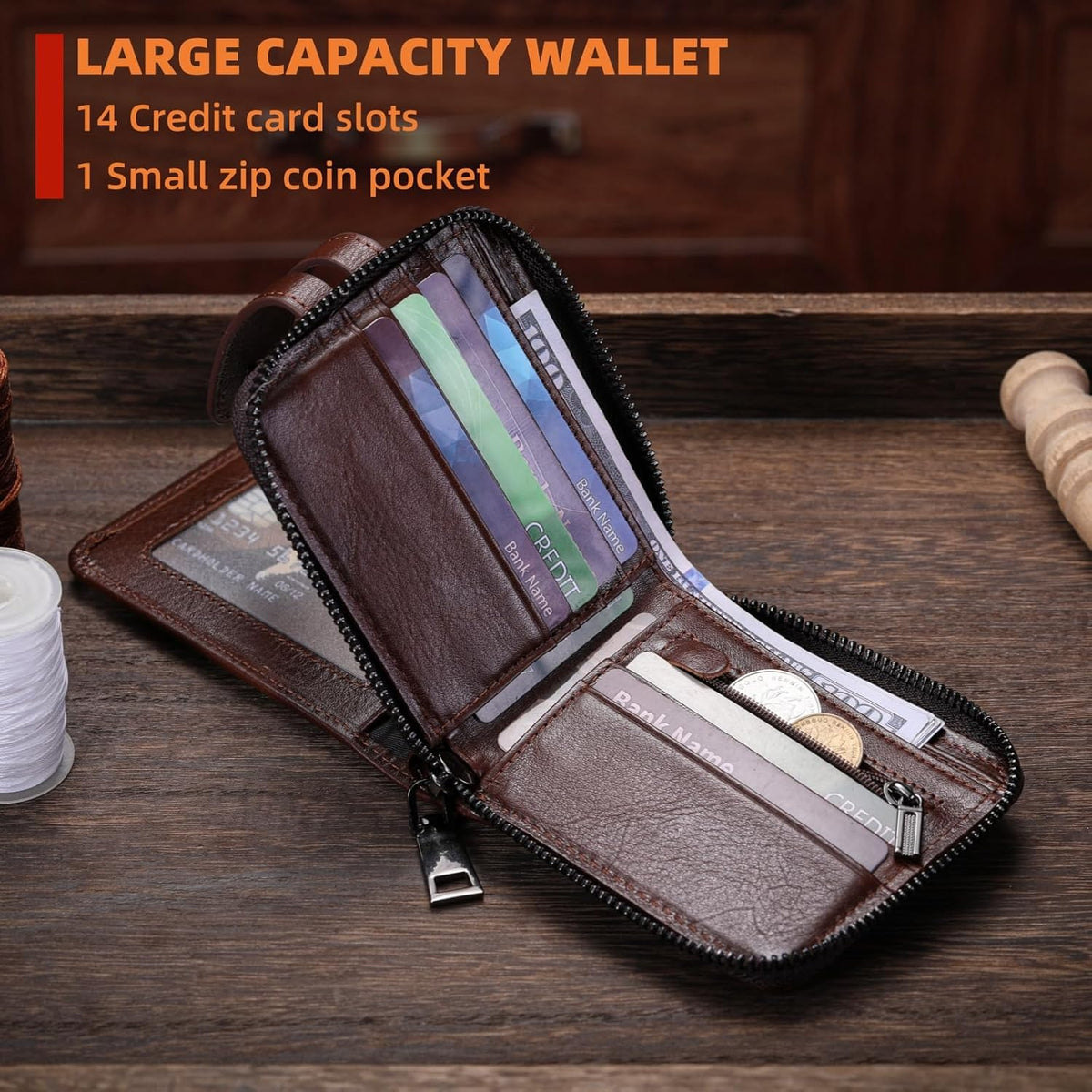 BULLCAPTAIN Billetera de Cuero Genuino para Hombre con Cremallera V...