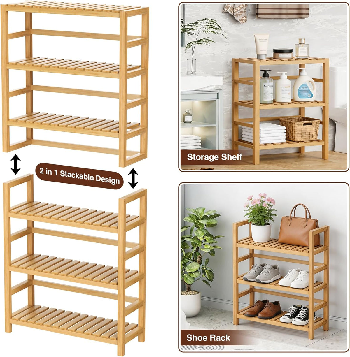 VASMIA Estantería de bambú de 6 niveles, estantería de almacenamiento de bambú, estantería alta con estantes ajustables, estante de almacenamiento multiusos para baño, sala de estar, balcón, cocina, natural