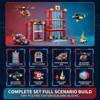 Juego de construcción de estación de bomberos de ciudad, modelo de sede del departamento de bomberos con camión de bomberos, helicóptero y dron de rescate, kit de construcción coleccionable