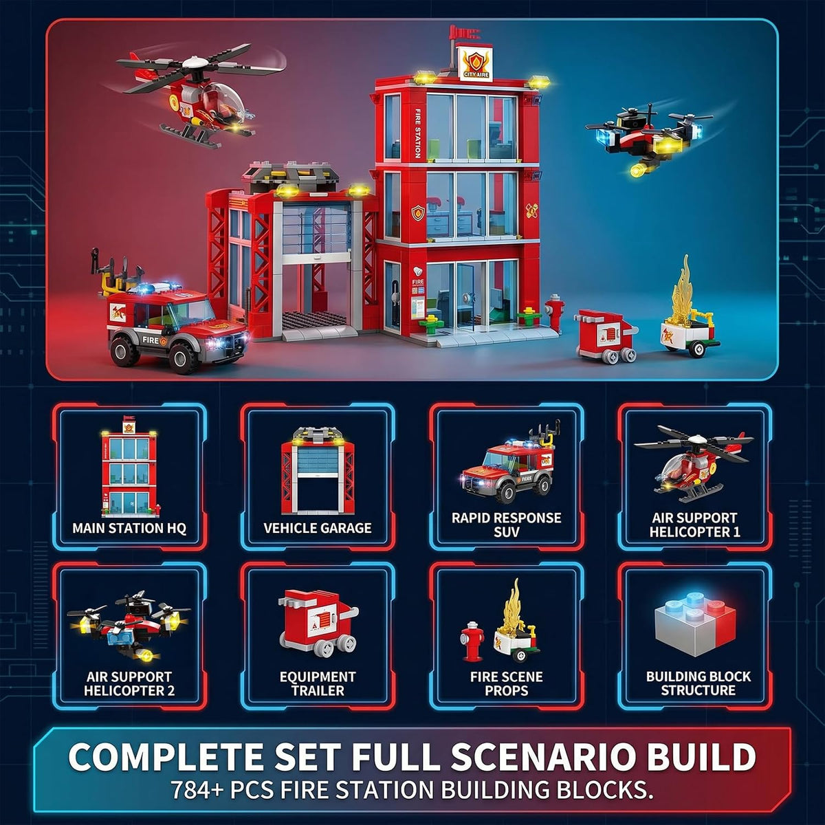 Juego de construcción de estación de bomberos de ciudad, modelo de sede del departamento de bomberos con camión de bomberos, helicóptero y dron de rescate, kit de construcción coleccionable