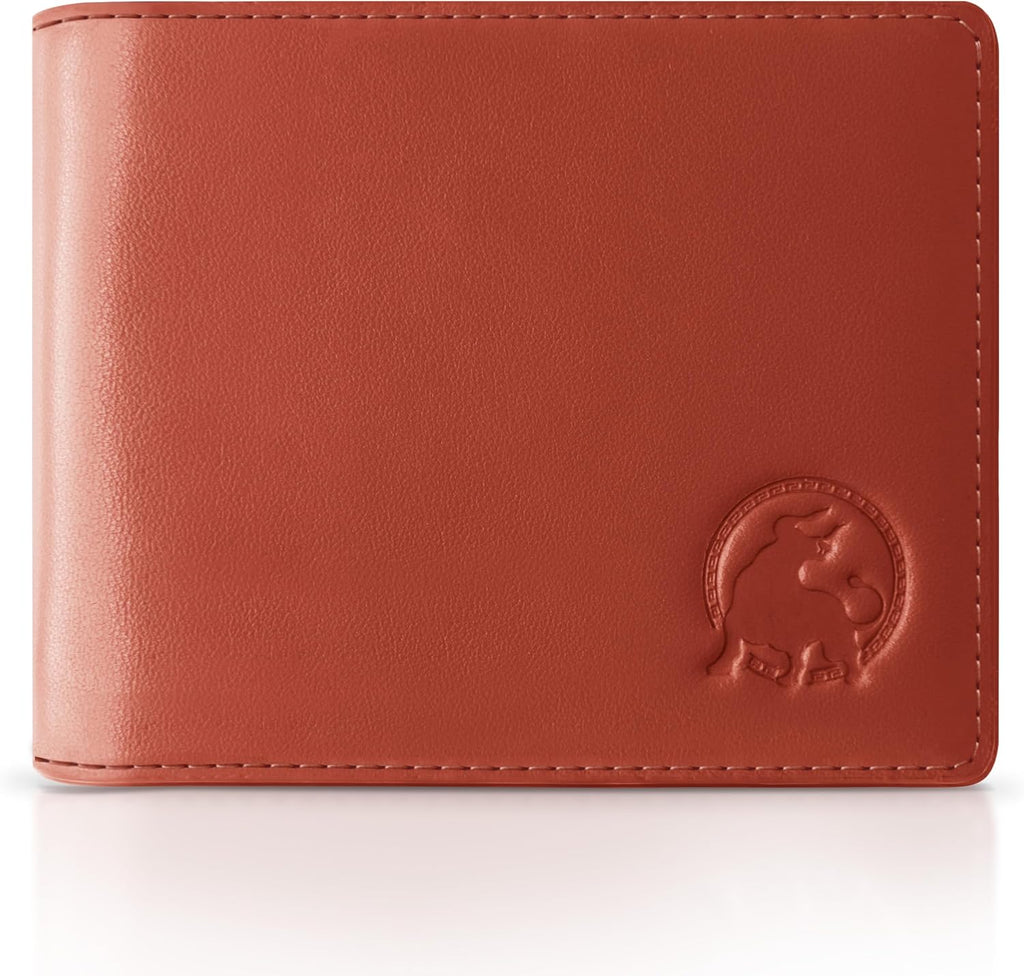 Billetera de cuero de grano completo para hombre, minimalista, delgada, plegable, con bloqueo RFID, con bolsillo para efectivo, 8 ranuras para tarjetas (marrón coñac)