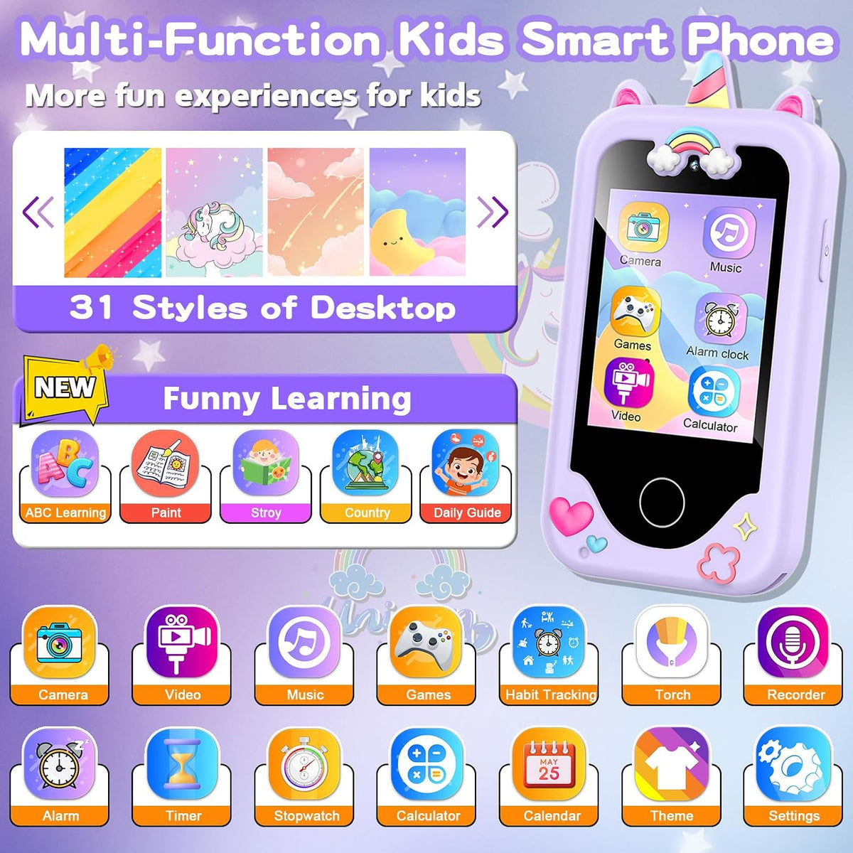Teléfono inteligente para niños para niñas, regalos de cumpleaños de Navidad para niñas de 3 a 10 años, teléfono celular, pantalla táctil de 2.8 pulgadas, juguete de aprendizaje para niños pequeños