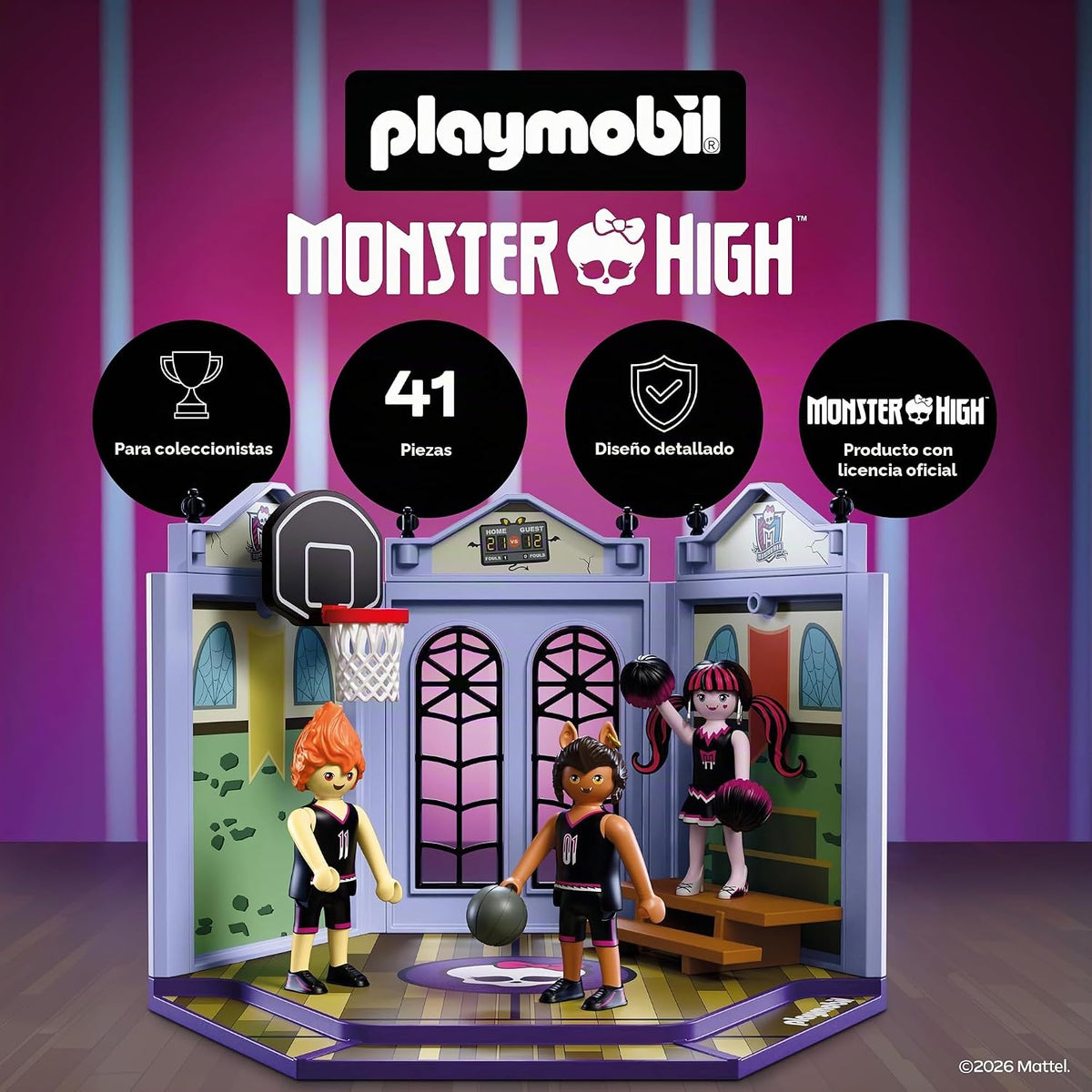 Playmobil Monster High | Monster High Cancha de casos | Juego de sala deportiva con Draculaura, Lobo Garra, quemaduras de salud y acción de baloncesto | para fanáticos mayores de 5 años | 72144