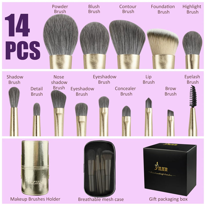 Jilier Juego de Brochas de Maquillaje de Viaje, 14 piezas Mini Broc...