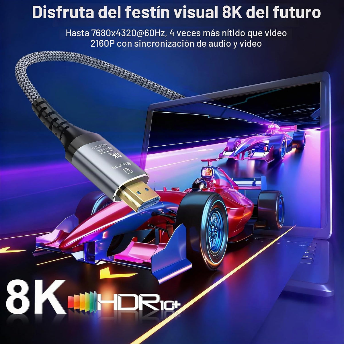 Cable de fibra óptica HDMI de 8 K, 100 pies, 48 Gbps, cable HDMI 2.1 de ultra-alta velocidad trenzado de longitud, 8 K a 60 Hz, 4 K a 120 Hz, HDR10/HDCP2.2&2.3/eARC/3D; compatible con PS5