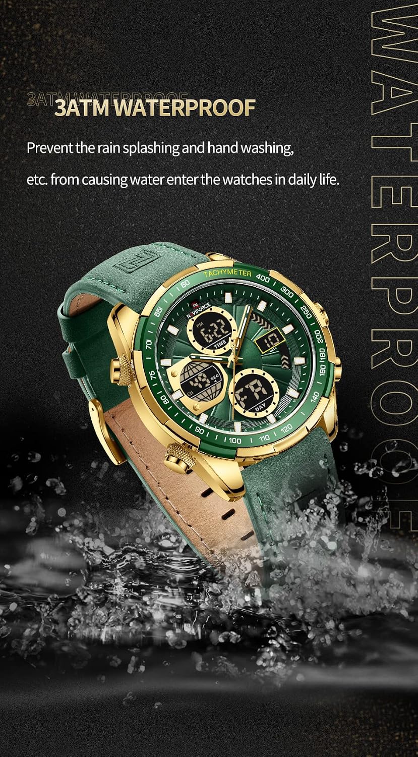 NAVIFORCE Relojes militares digitales para hombre, reloj analógico de cuarzo, resistente al agua, deportivo, multifuncional, correa de cuero, reloj de pulsera