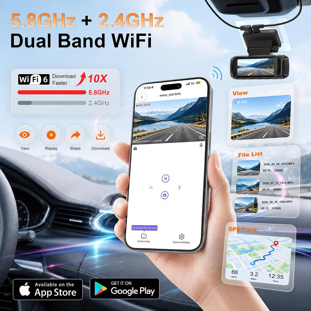 Cámara para auto dual 4K Delantera y Trasera, sensor STARVIS 2, Wi‑Fi 6, Visión nocturna