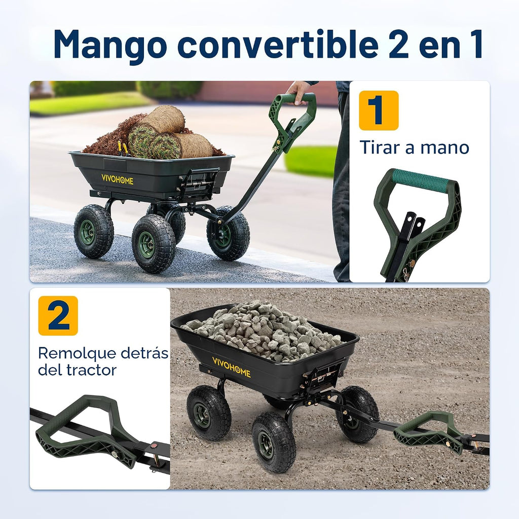 VIVOHOME Carretilla de Jardín Volcador 660 lb con Asa Convertible 2 en 1