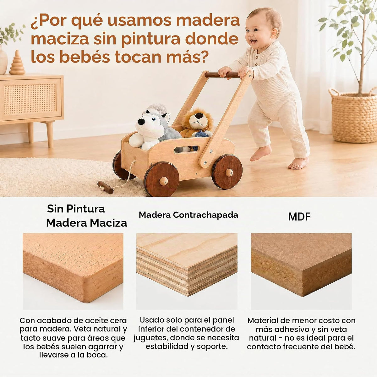 Woodtoe Andador de madera para bebés, caminante de empuje para bebés de velocidad ajustable, juguetes Montessori para bebés que aprenden a caminar, juguetes educativos para caminar, regalo para niños