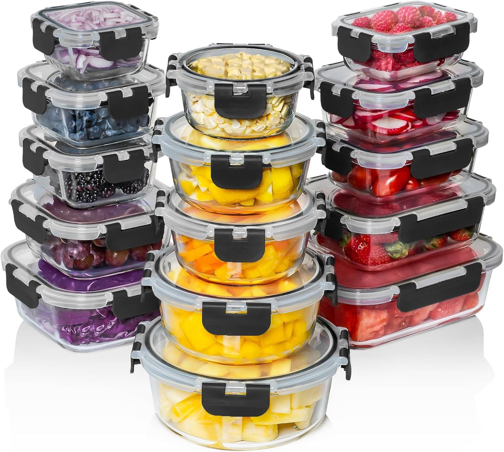 Razab 30 unidades de recipientes de vidrio para almacenamiento de alimentos con tapas - Recipientes reutilizables de vidrio para preparación de comidas para almuerzo y sobras - Tapas herméticas y a