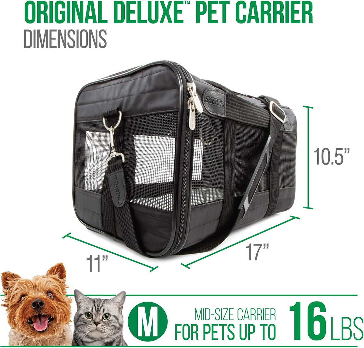 Sherpa Original Deluxe Transportador de Mascotas para Viajes, Aprobado por Aerolíneas y con Garantía a Bordo - Negro, Mediano