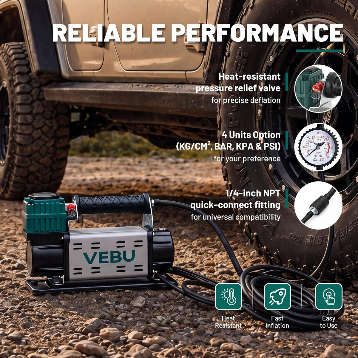 VEBU Compresor de aire de 12 V, inflador de neumáticos de 125 PSI c...
