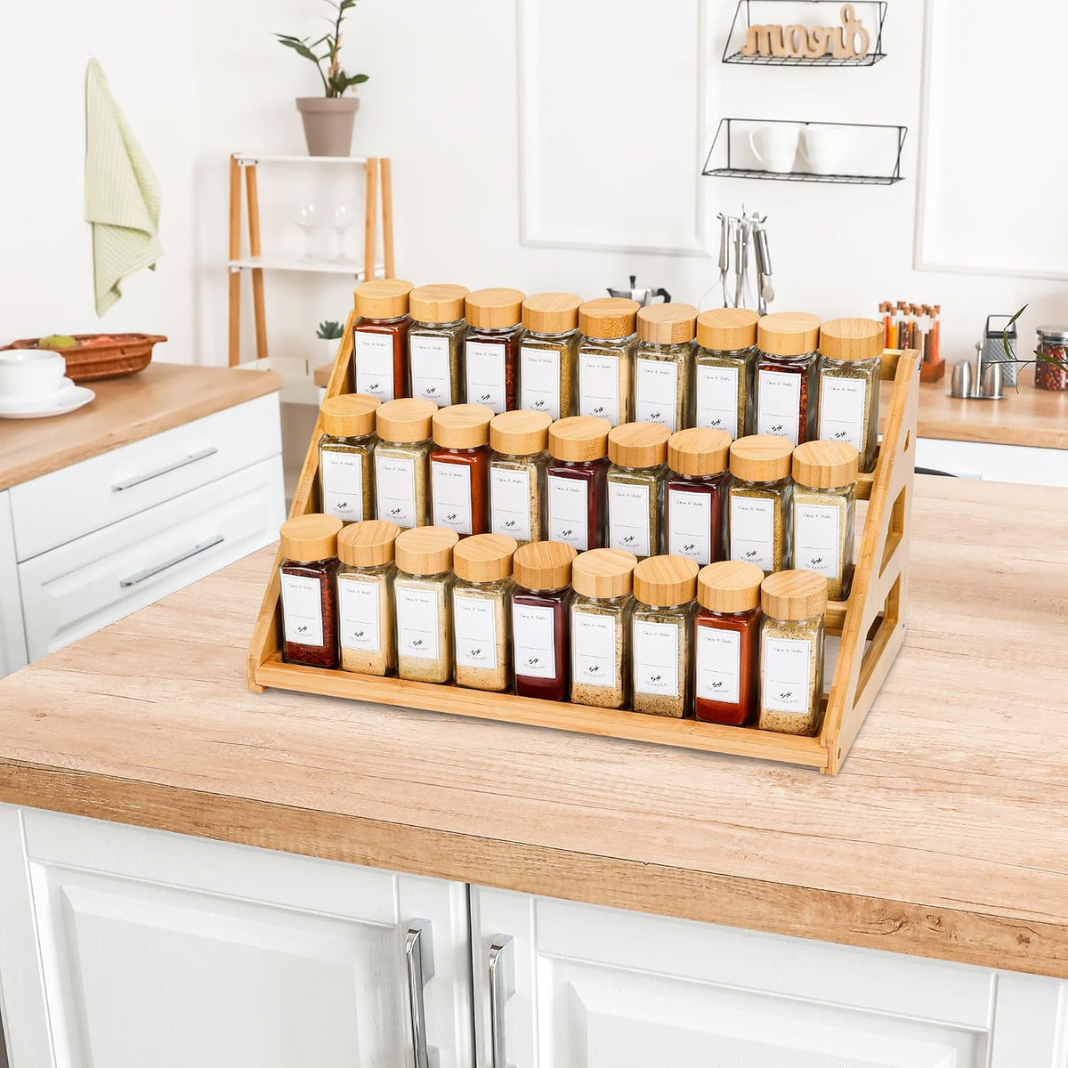 Estante para especias, organizador de especias, 3 niveles, de bambú, solución para almacenamiento de especias en cocinas, encimeras, salas de almacenamiento y otros lugares