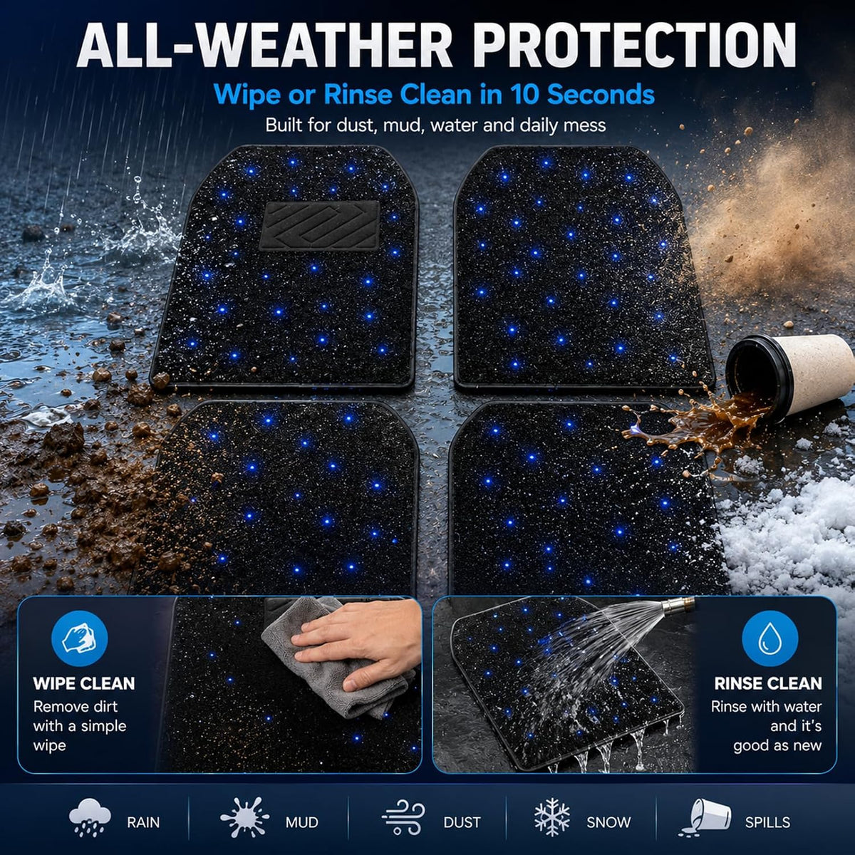 Alfombrillas LED para automóvil con control de aplicación, 100 modos de luz RGB, luces interiores de luz de estrellas de ajuste universal, impermeables, lavables, accesorios de automóvil para un