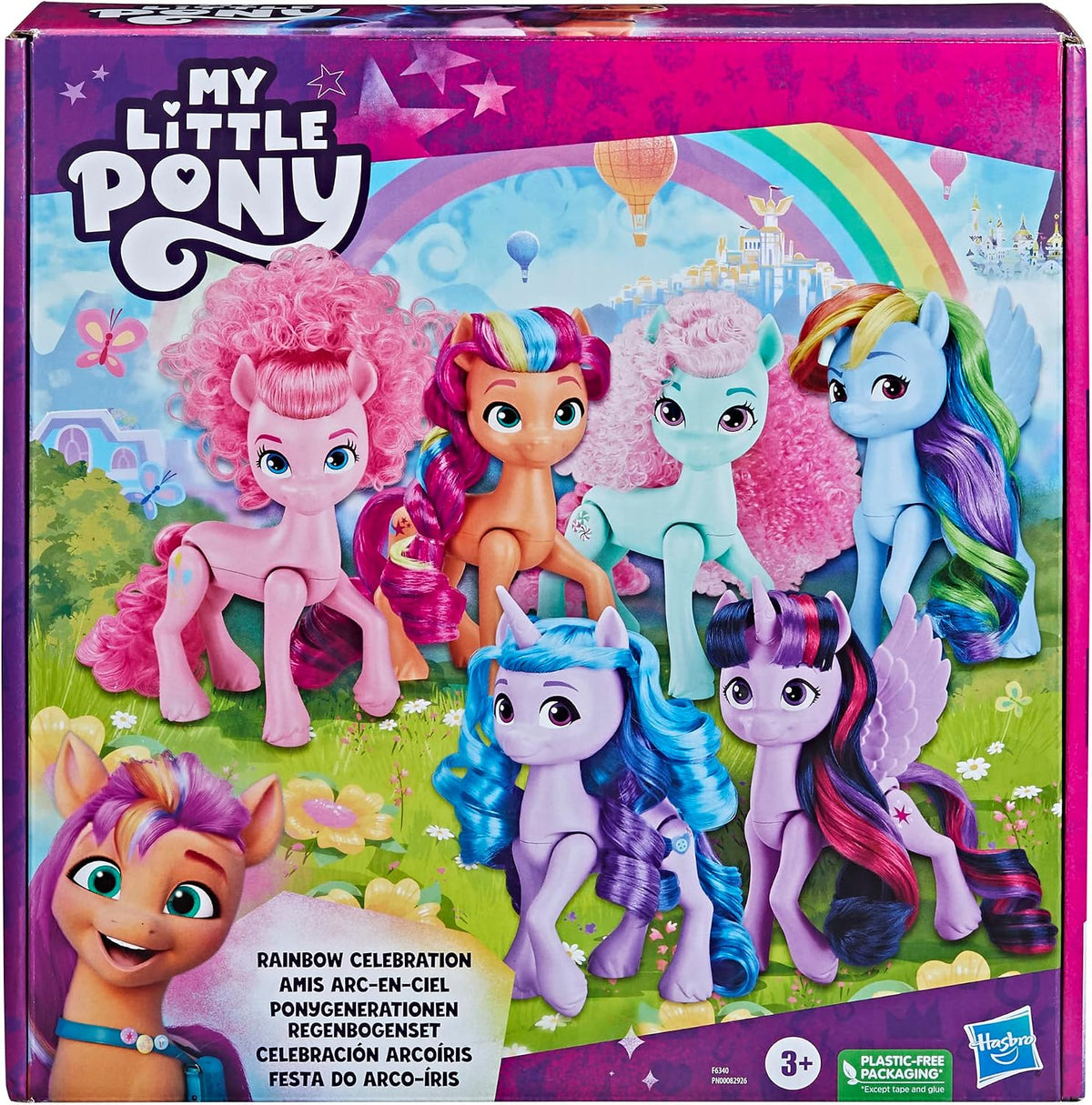 Muñecas My Little Pony Celebración del Arcoíris, Set de 6 Figuras de Poni, Muñecas de 14 cm, Juguetes para Niñas y Niños de 3 Años, Juguetes de Unicornio (Exclusivo de Amazon)