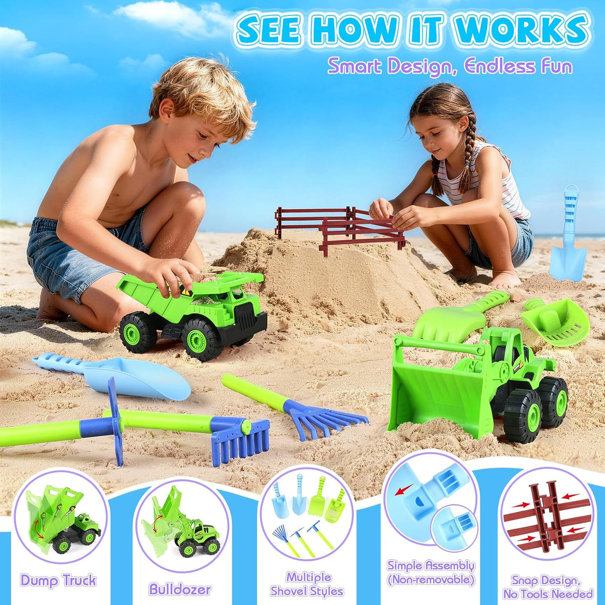 Juguetes de playa de granja con camiones, animales, verduras para